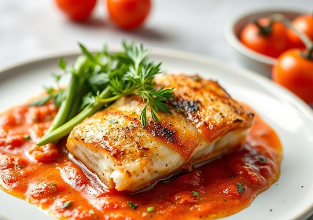 Saltimbocca van kabeljauw, Gandaham en tomatensaus — AI-gegenereerde illustratie