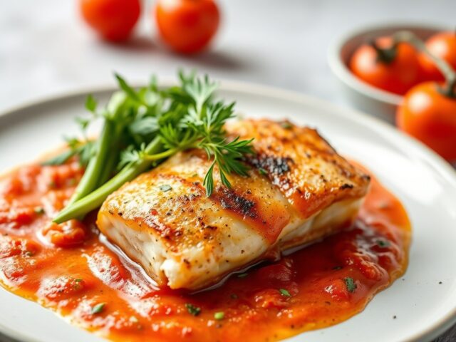 Saltimbocca van kabeljauw, Gandaham en tomatensaus — AI-gegenereerde illustratie