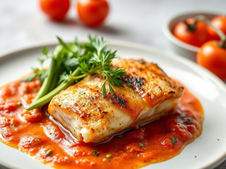 Saltimbocca van kabeljauw, Gandaham en tomatensaus — AI-gegenereerde illustratie