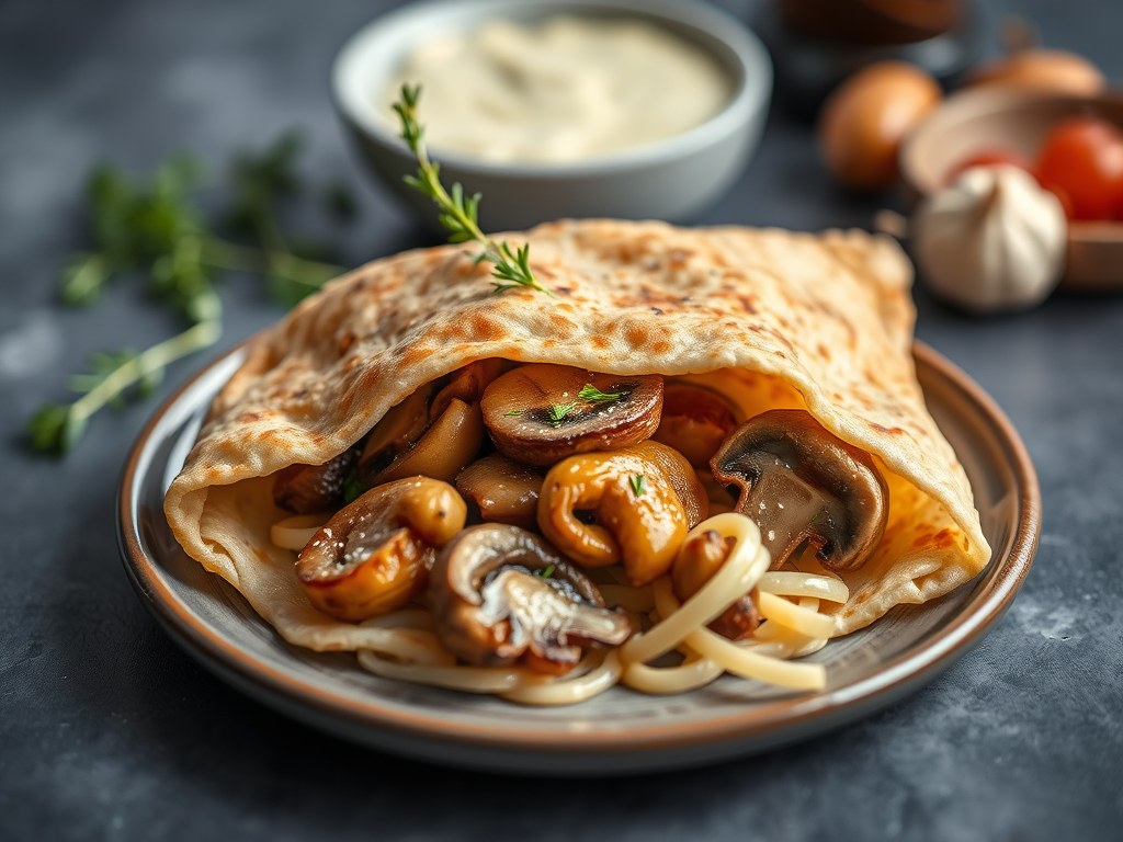Samosa met rundvlees, gebakken krieltjes en champignons, AI-gegenereerde illustratie