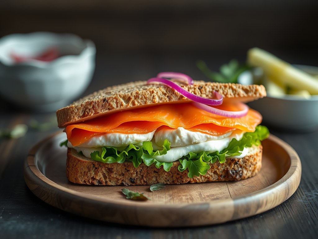 Sandwich met zalm (of desgewenst kipfilet), AI-gegenereerde illustratie