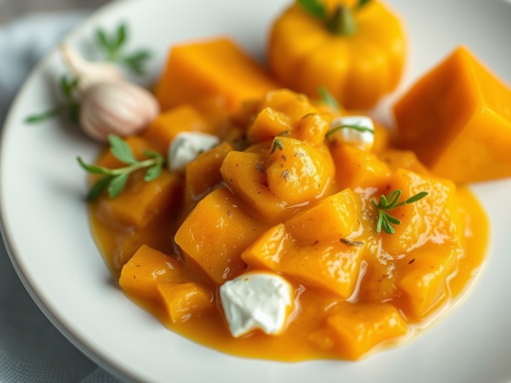 Saus van pompoen met geitenkaas, AI-gegenereerde illustratie