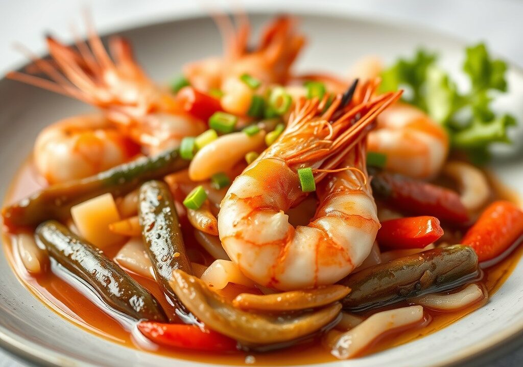 Scampi’s en Pruimen met Hoisin Special, AI-gegenereerde illustratie