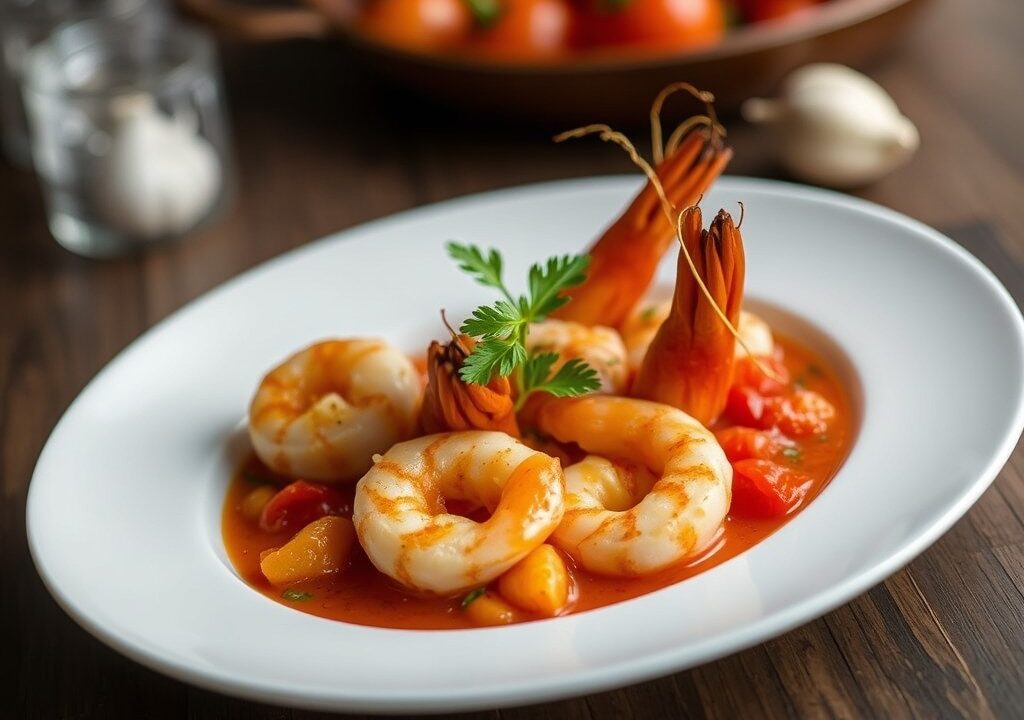 Scampi’s in pittige tomatenroomsaus, AI-gegenereerde illustratie