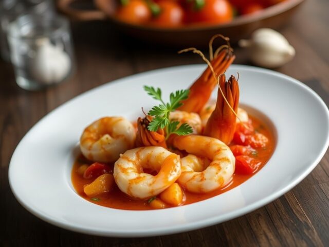 Scampi’s in pittige tomatenroomsaus — AI-gegenereerde illustratie