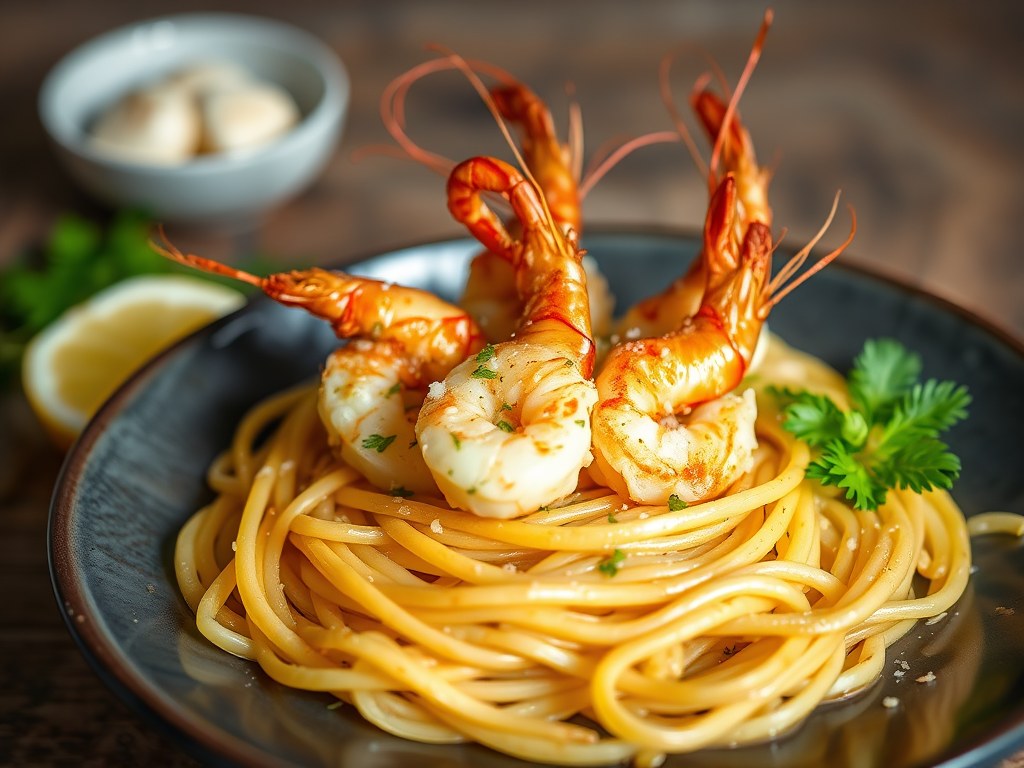 Scampi’s met aardappel-spaghetti, AI-gegenereerde illustratie