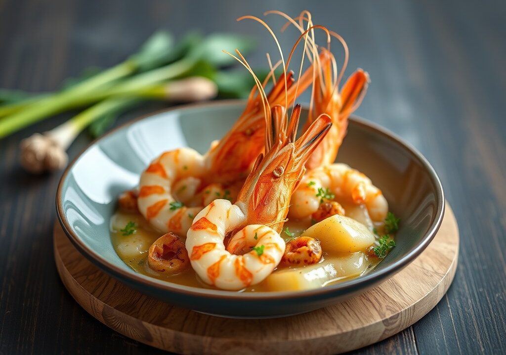 Scampi’s met jonge prei en gember — AI-gegenereerde illustratie