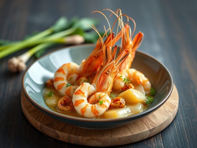 Scampi’s met jonge prei en gember — AI-gegenereerde illustratie