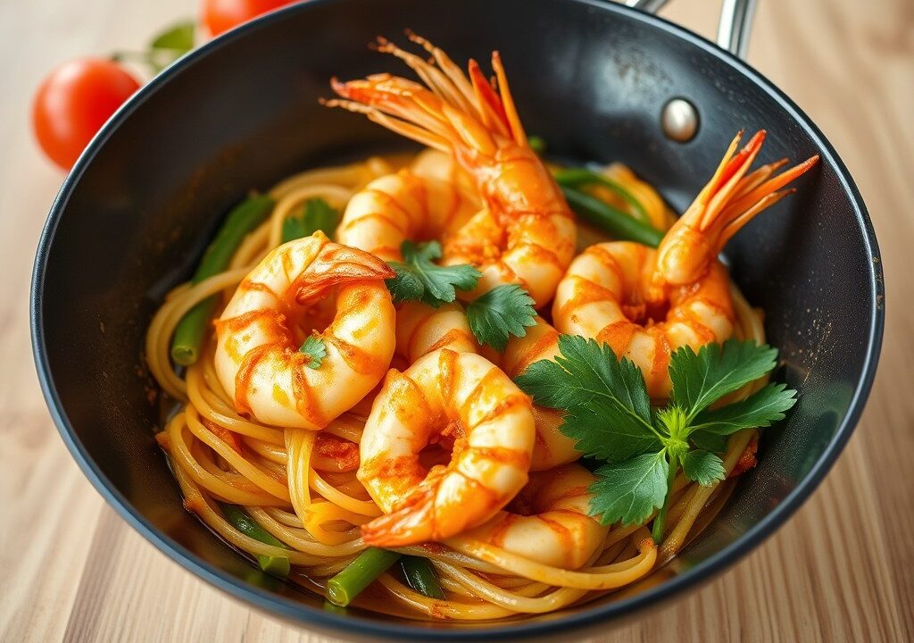 Scampi-curry met groenten, AI-gegenereerde illustratie