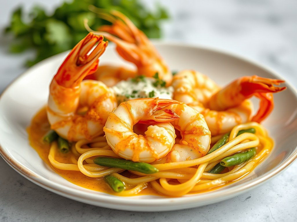 Scampi met zeeduivel en kerriesaus, AI-gegenereerde illustratie