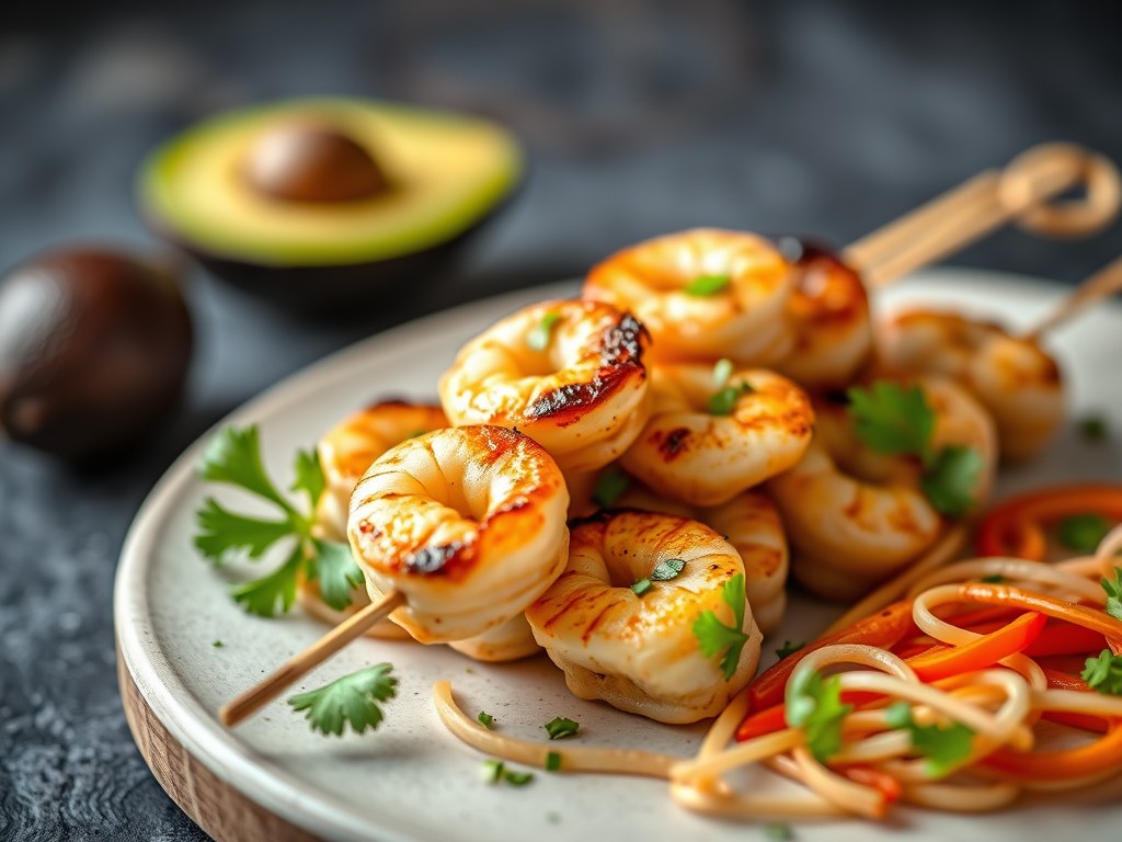 Scampibrochettes met avocado’s, AI-gegenereerde illustratie