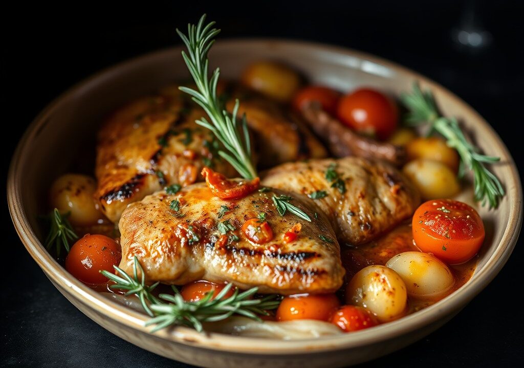 Schelvis in de oven met rozemarijn en kerstomaatjes — AI-gegenereerde illustratie