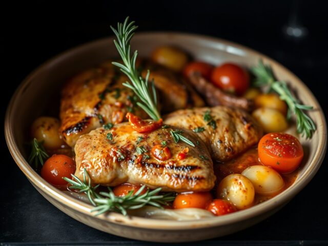 Schelvis in de oven met rozemarijn en kerstomaatjes — AI-gegenereerde illustratie