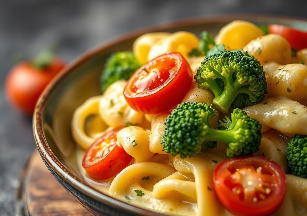 Schelvis in kaassaus met broccoli en tomaat, AI-gegenereerde illustratie