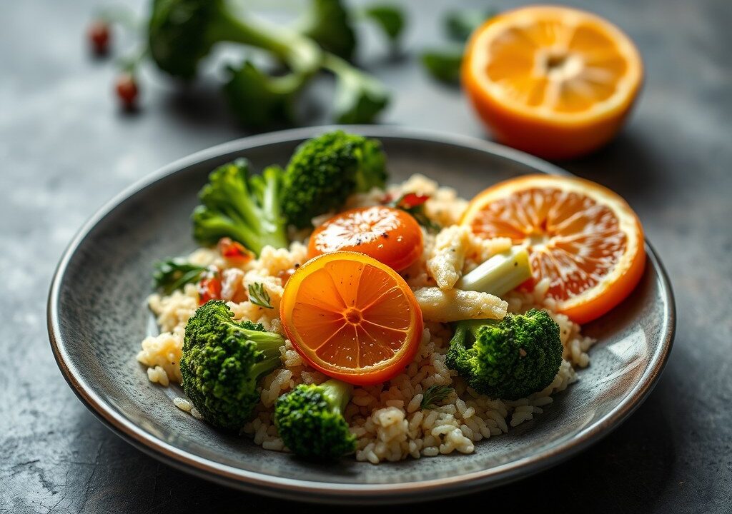 Schelvis met clementine- en roze peperboter, broccoli, volwaardige rijst — AI-gegenereerde illustratie