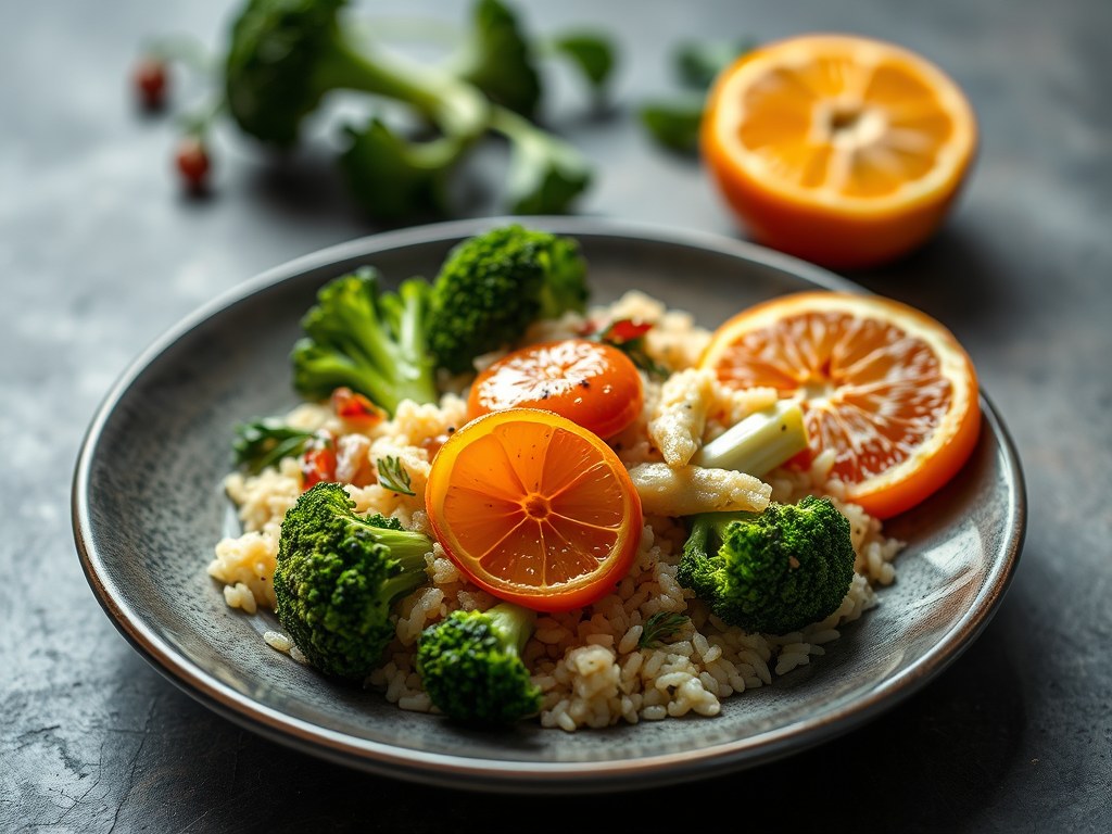 Schelvis met clementine- en roze peperboter, broccoli, volwaardige rijst, AI-gegenereerde illustratie