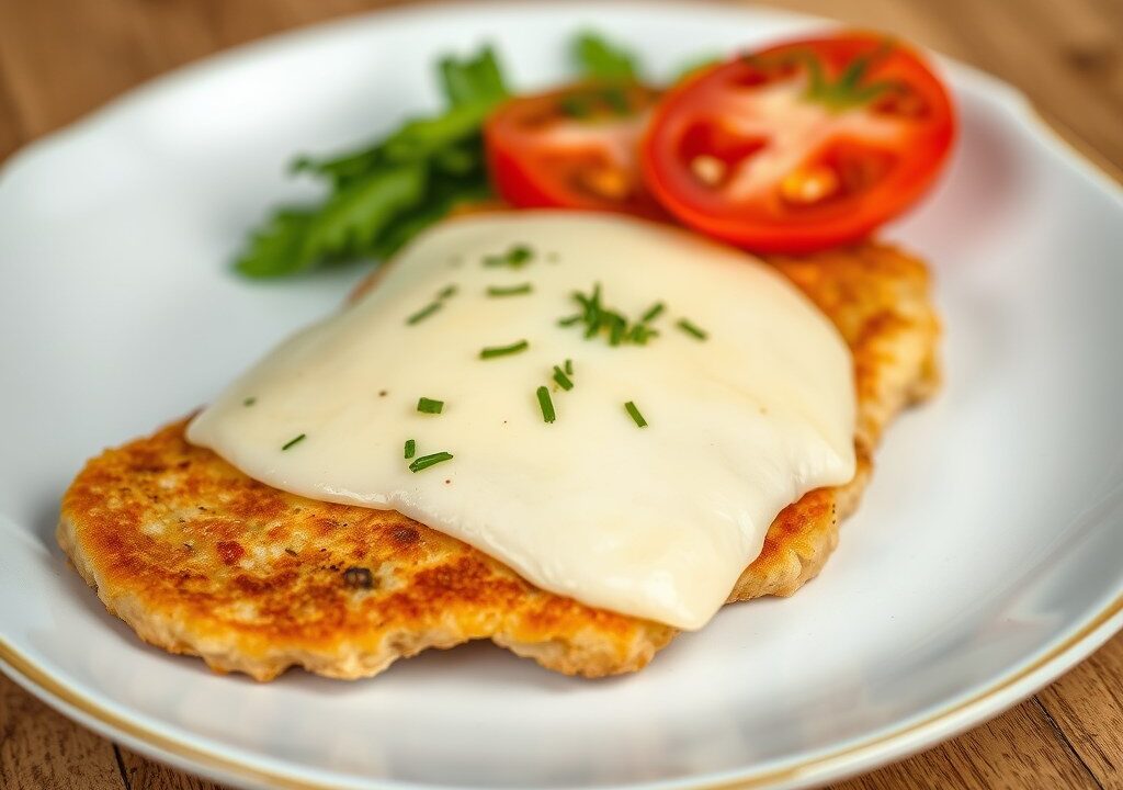 Schnitzel met kaas en tomaat — AI-gegenereerde illustratie