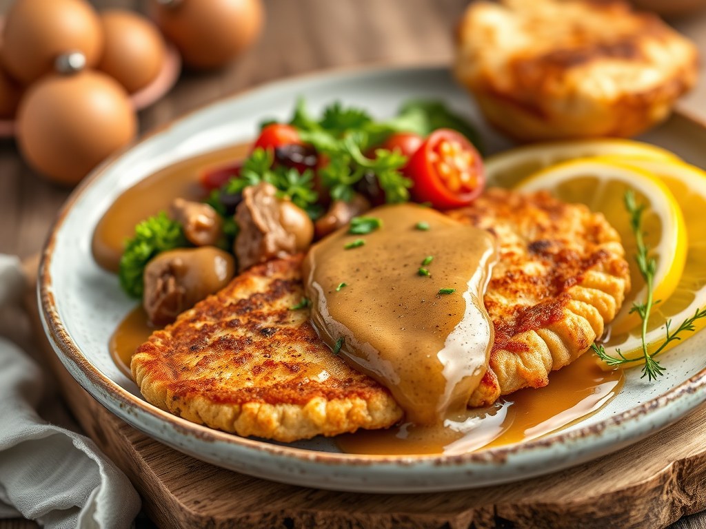 Schnitzel met paddestoelenroomsaus, AI-gegenereerde illustratie
