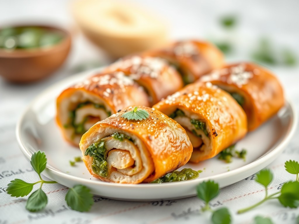 Schnitzelrolletjes gevuld met pesto en ontbijtspek, AI-gegenereerde illustratie