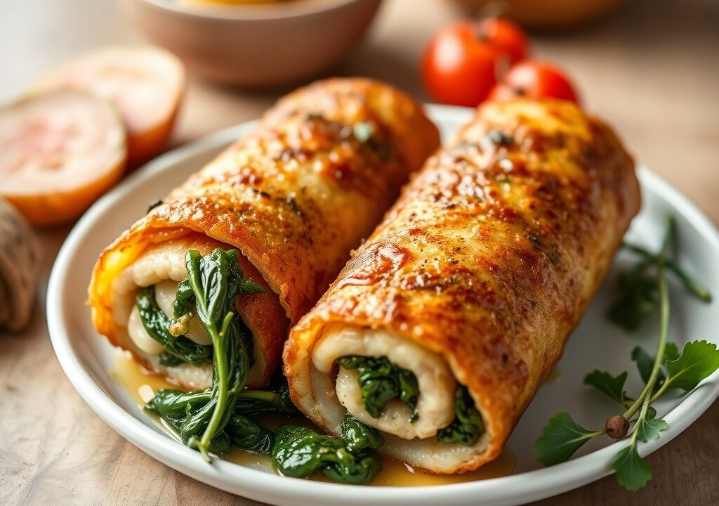 Schnitzelrolletjes met knoflookspinazie, AI-gegenereerde illustratie