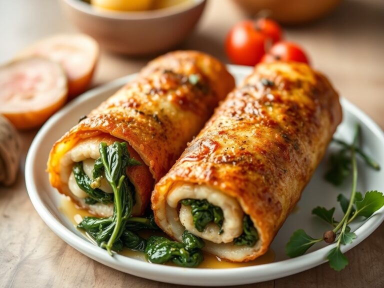 Schnitzelrolletjes met knoflookspinazie