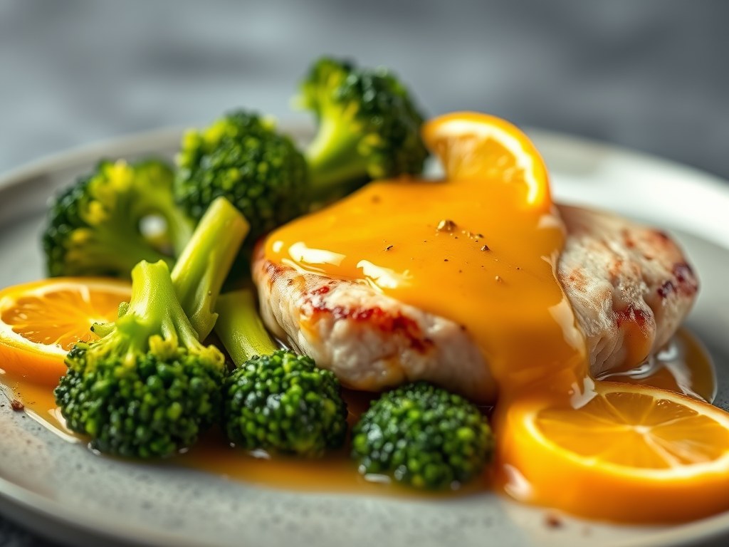Schol filets met sinaasappel saus en broccoli, AI-gegenereerde illustratie