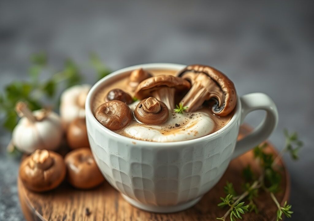Schuimige champignon-cappuccino, AI-gegenereerde illustratie