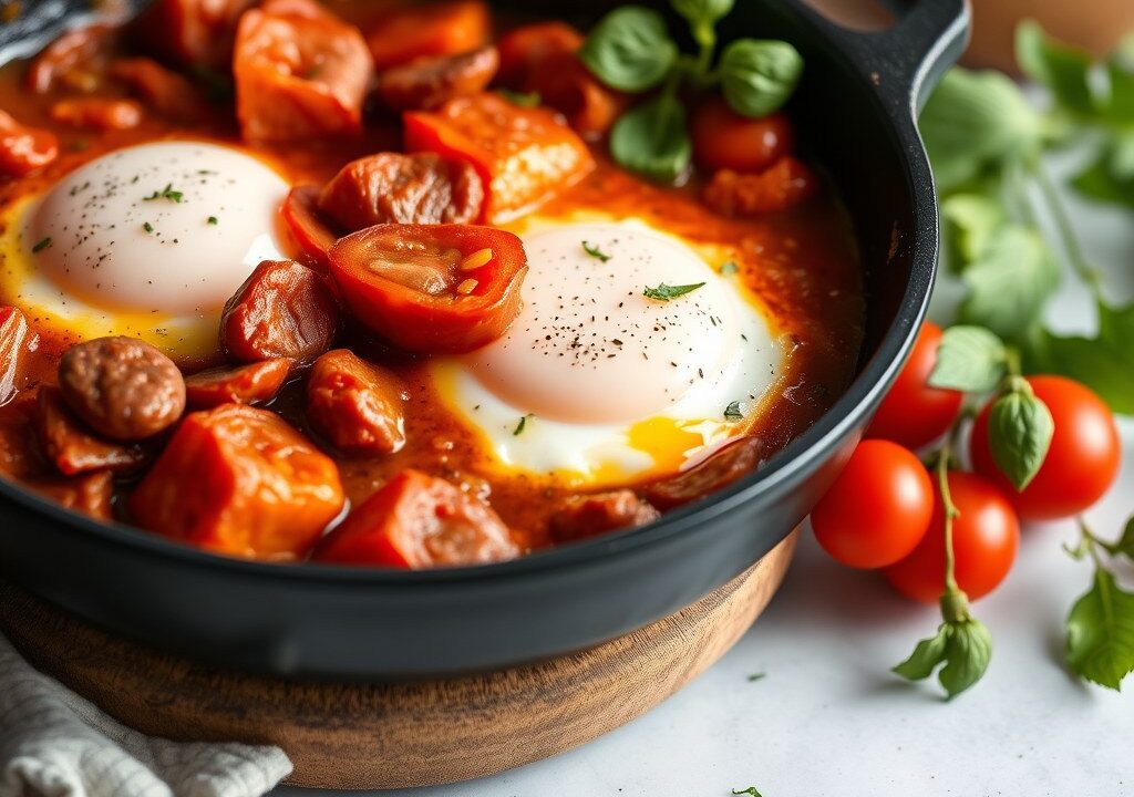 Shakshuka met salami en geroosterde paprika, AI-gegenereerde illustratie