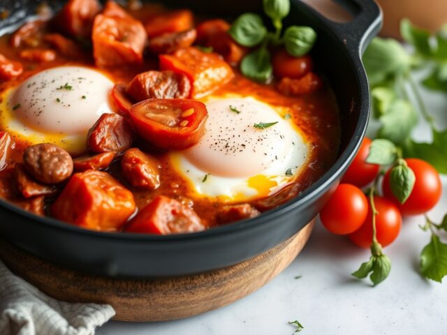 Shakshuka met salami en geroosterde paprika — AI-gegenereerde illustratie