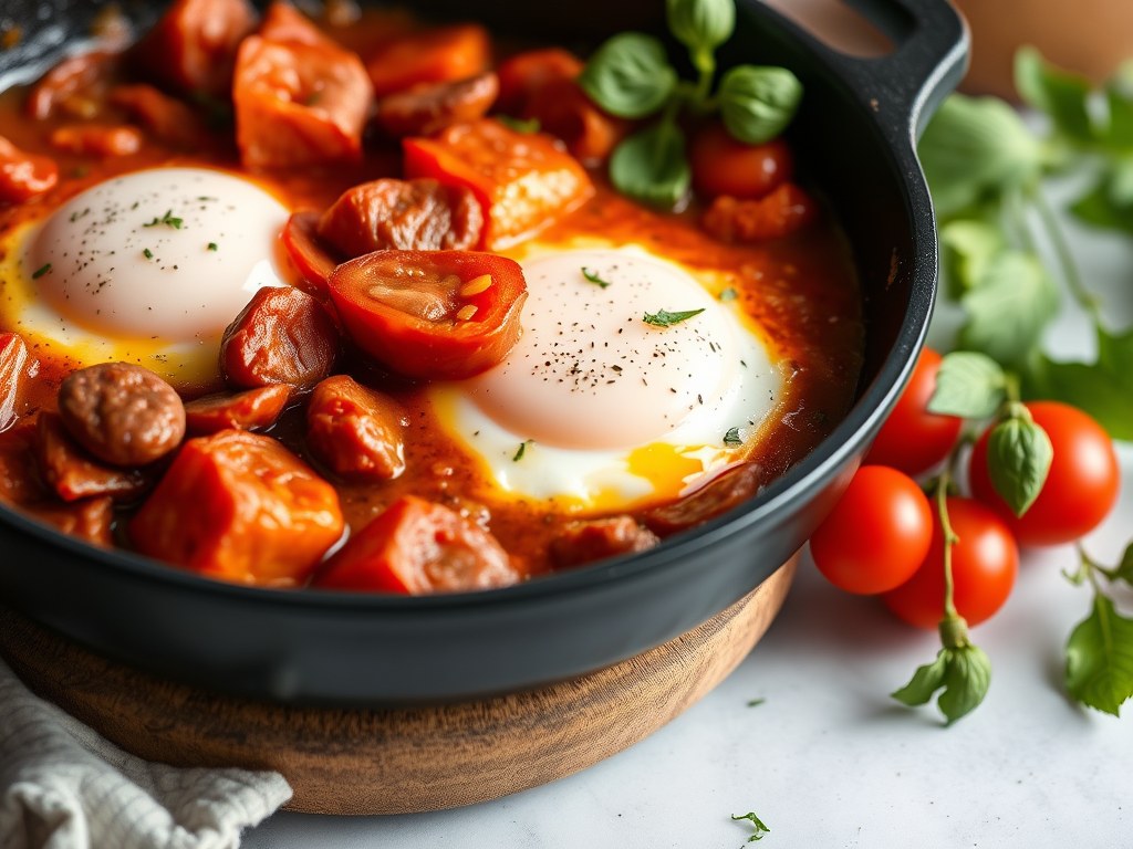 Shakshuka met salami en geroosterde paprika, AI-gegenereerde illustratie