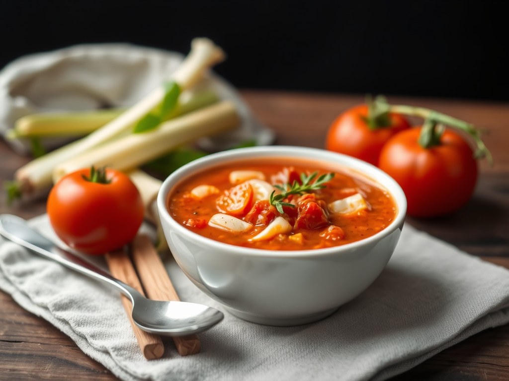 Simpele gevulde tomatensoep, AI-gegenereerde illustratie