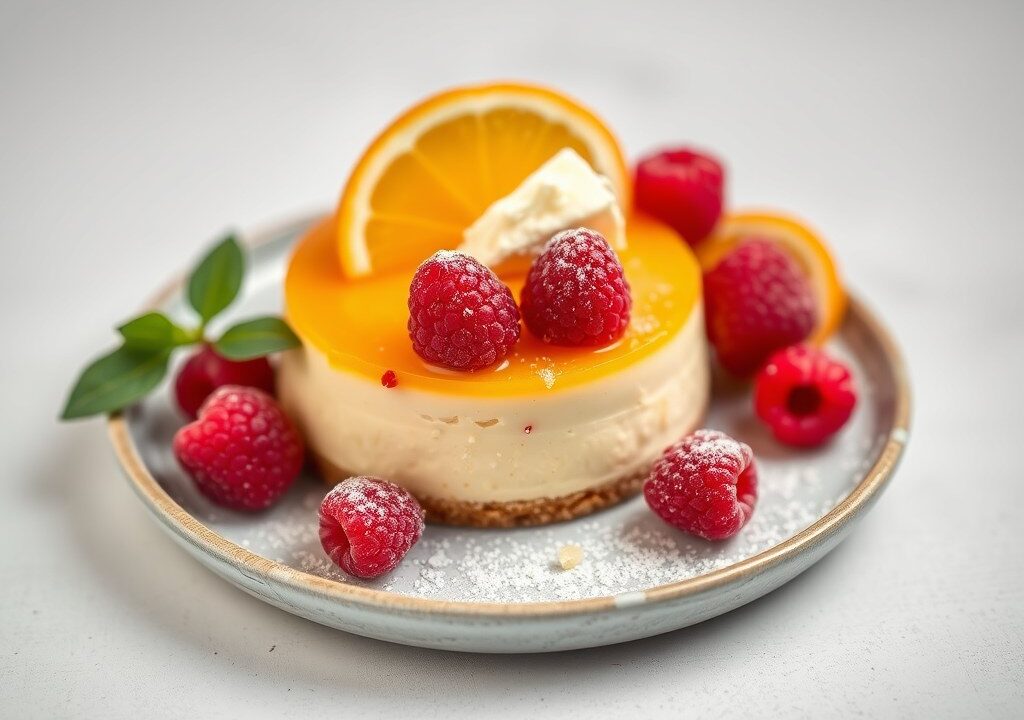 Sinaasappel cheese cake met frambozen, AI-gegenereerde illustratie