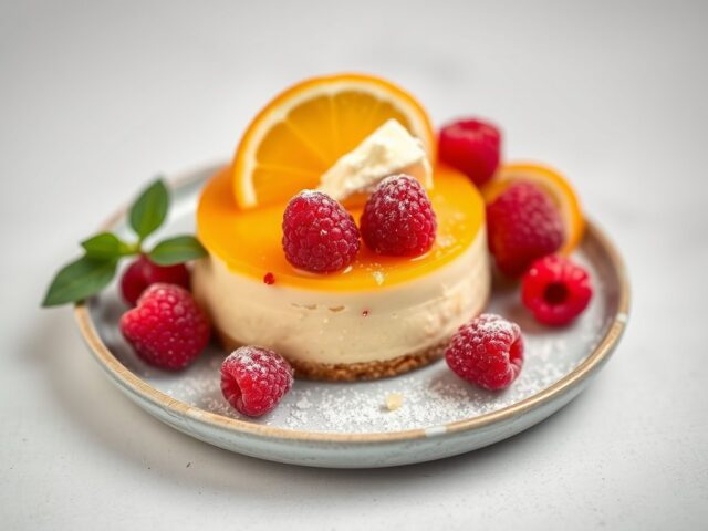 Sinaasappel cheese cake met frambozen — AI-gegenereerde illustratie