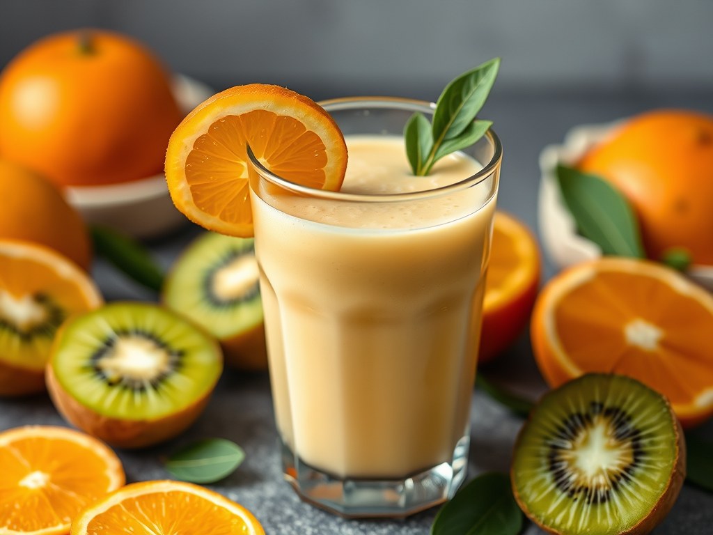 Sinaasappel- Kiwi smoothie, AI-gegenereerde illustratie