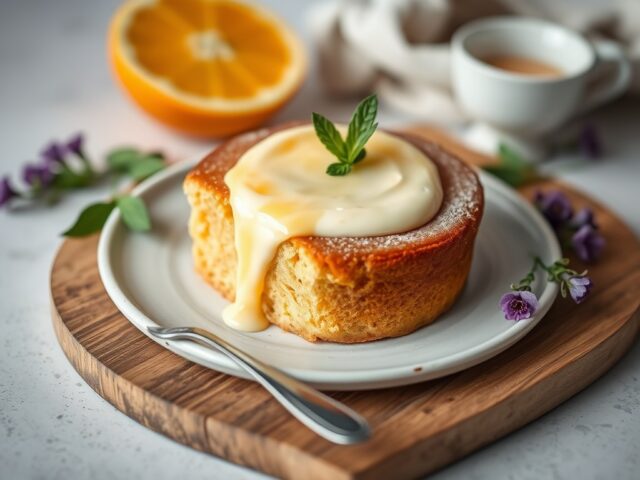 Sinaasappel-lavendelcake met amandelstroop — AI-gegenereerde illustratie