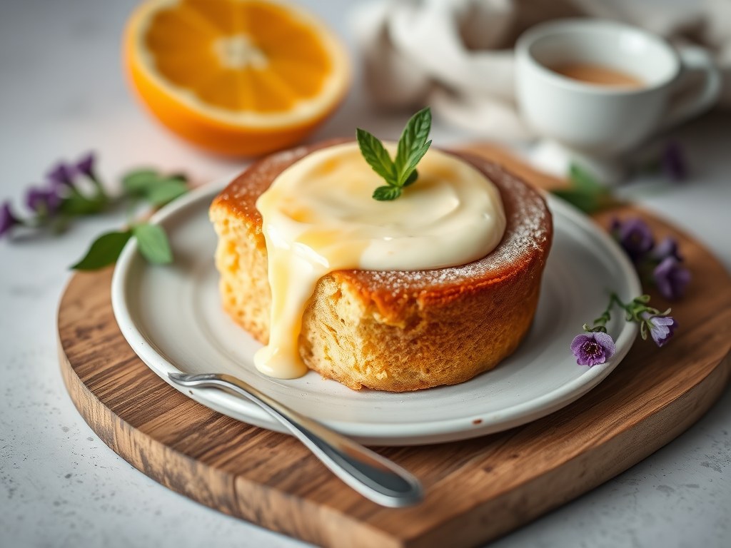 Sinaasappel-lavendelcake met amandelstroop, AI-gegenereerde illustratie