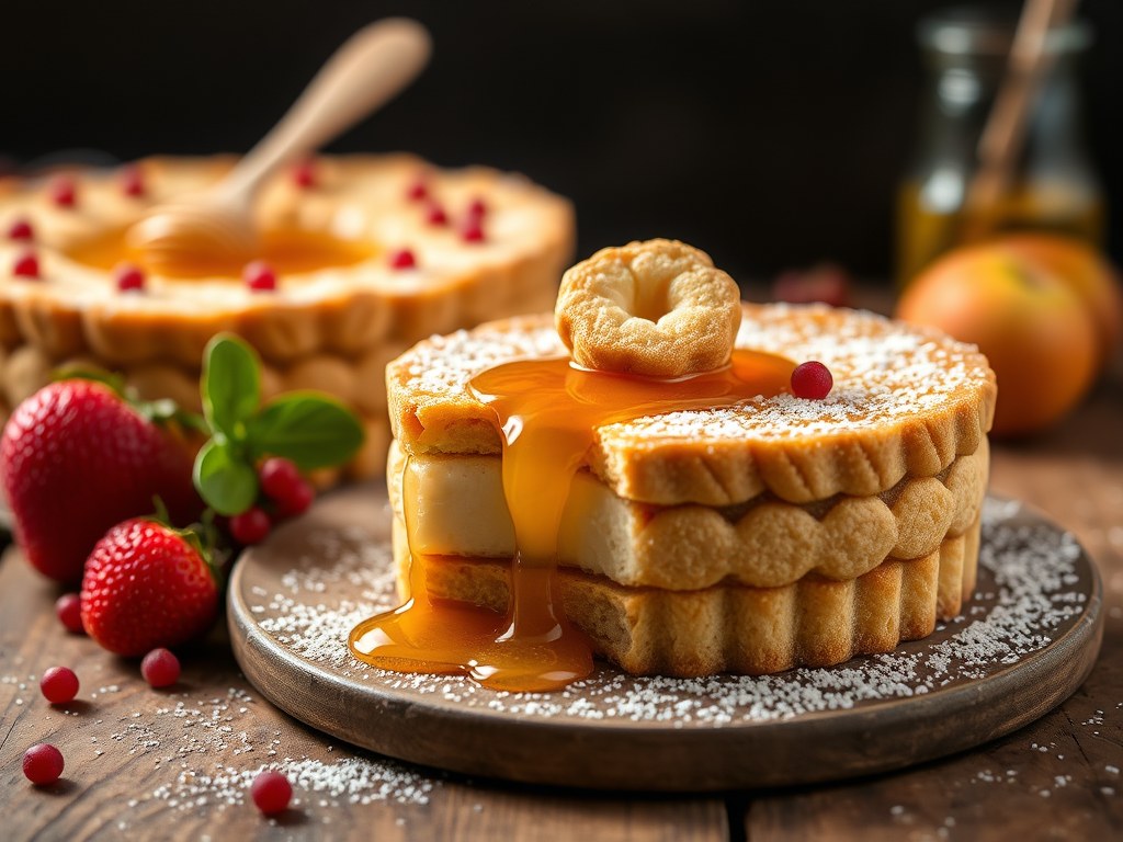 Sinaasappelmoussetaart met een biscuitbodem, AI-gegenereerde illustratie