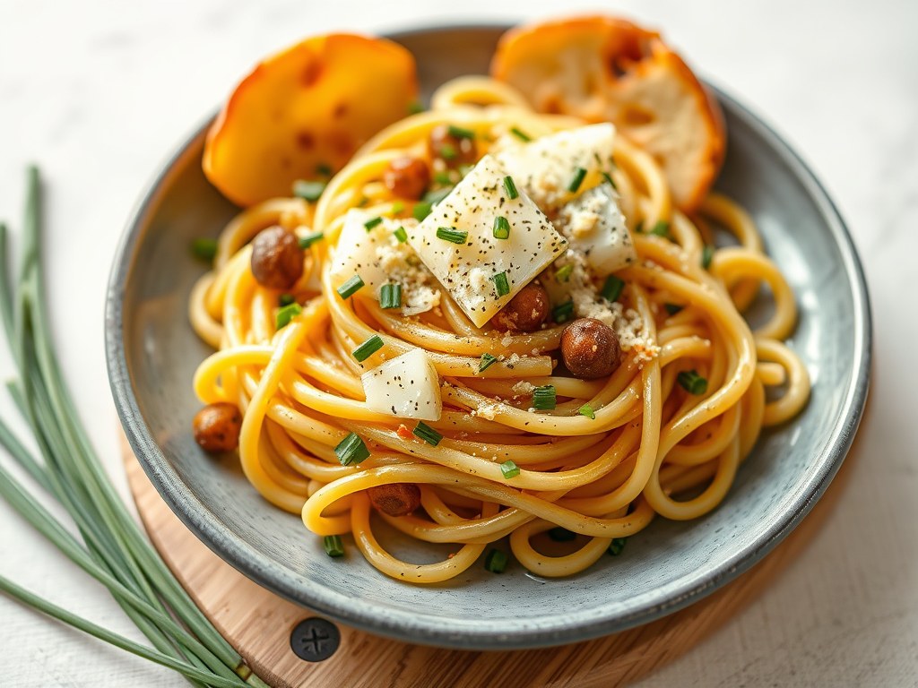 Sint-jakobsvruchten met eekhoorntjesbrood en pasta, AI-gegenereerde illustratie