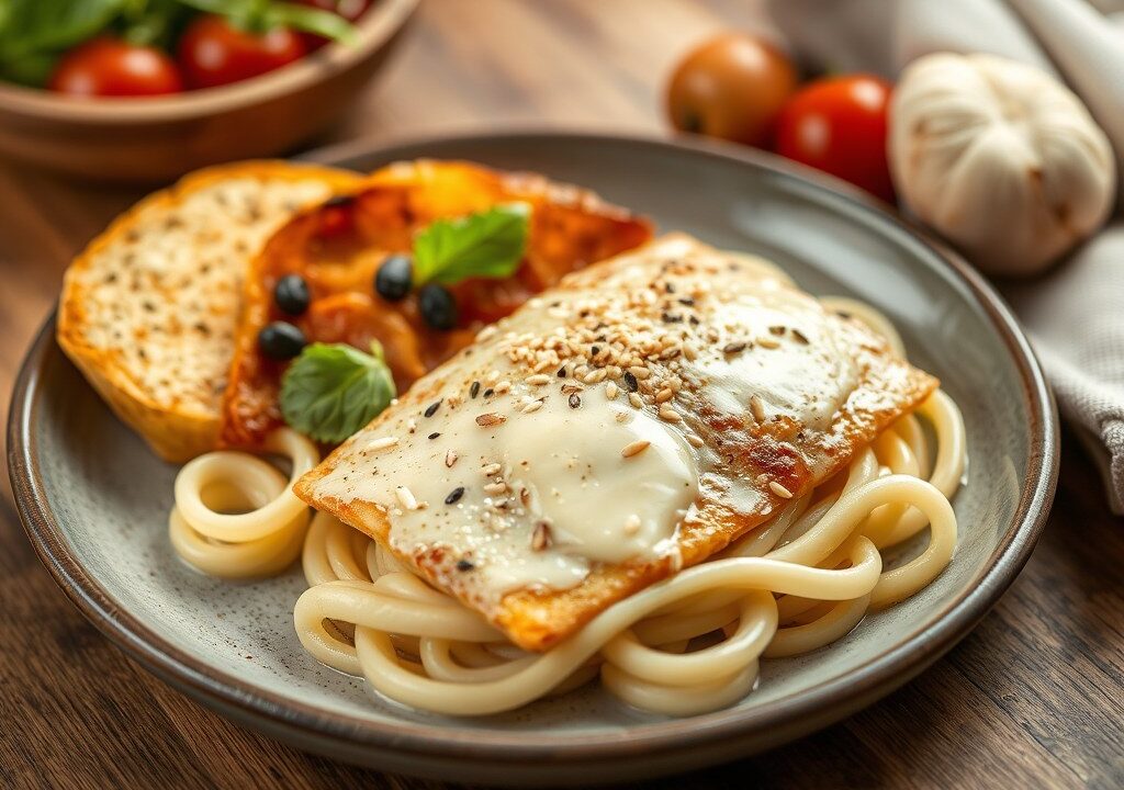 Skrei met een korstje van sesam en parmezaan, pizzaiolasaus — AI-gegenereerde illustratie