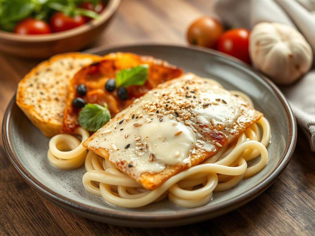 Skrei met een korstje van sesam en parmezaan, pizzaiolasaus, AI-gegenereerde illustratie