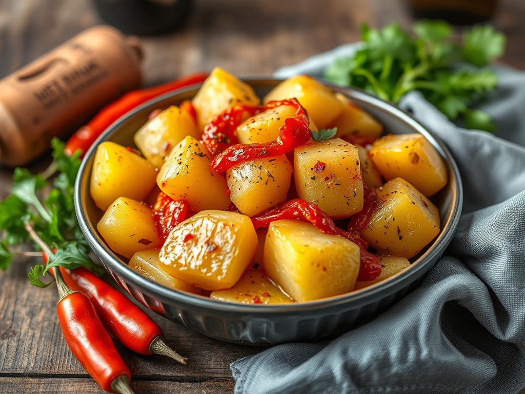 Slaatje met gepelde gekookte aardappelen, AI-gegenereerde illustratie