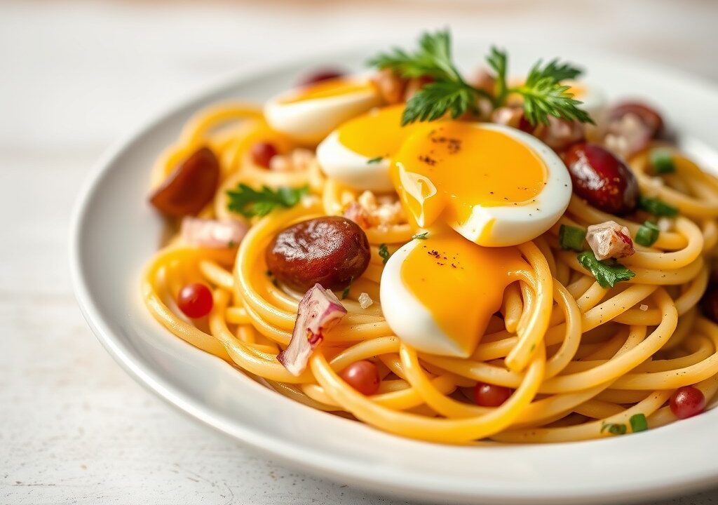 Slaatje van koude pasta (tagliatelle) — AI-gegenereerde illustratie