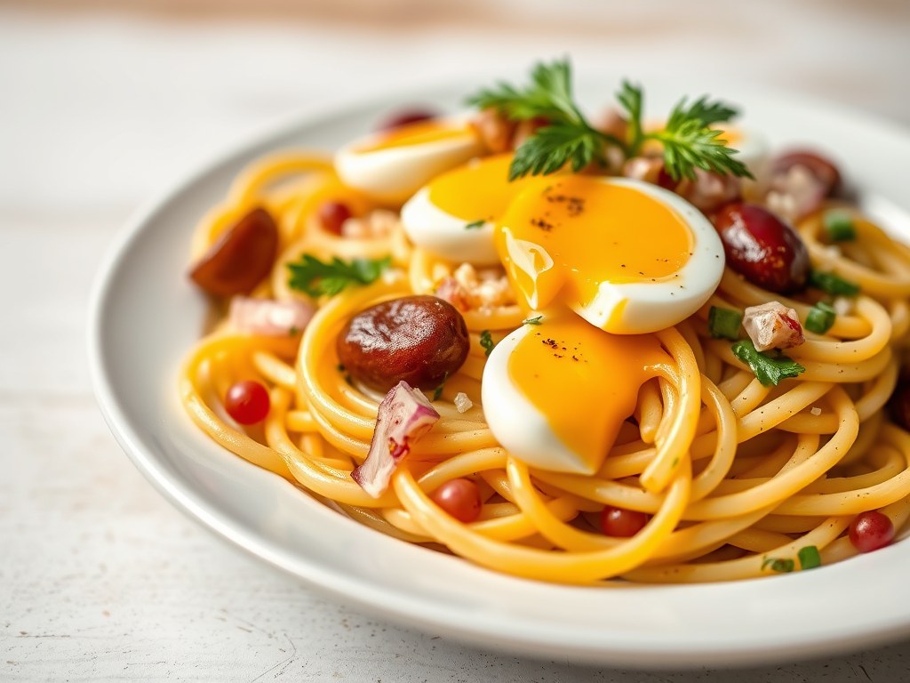 Slaatje van koude pasta (tagliatelle), AI-gegenereerde illustratie
