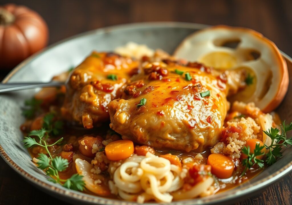 Slow Cooker : kip met abrikozenrijst op Marokkaanse wijze, AI-gegenereerde illustratie