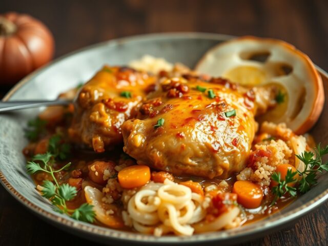 Slow Cooker : kip met abrikozenrijst op Marokkaanse wijze — AI-gegenereerde illustratie
