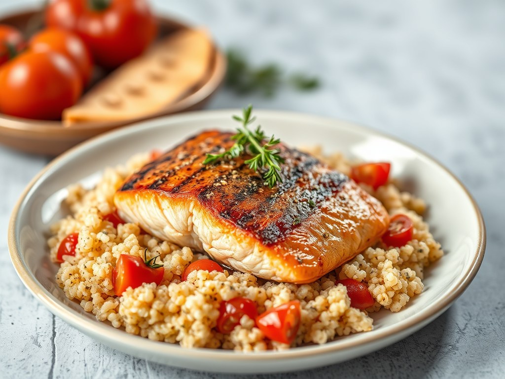 Slow-Grilled Zalm uit de Oven met Couscous, AI-gegenereerde illustratie