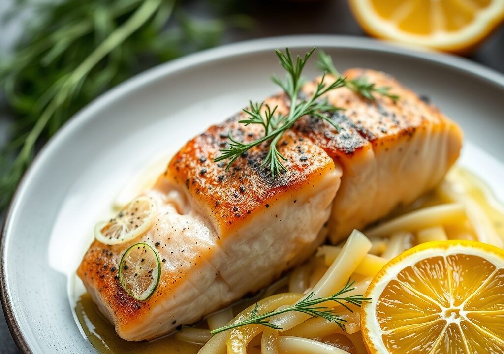 Slow Rosted Zalm met citrusfruit en Venkel, AI-gegenereerde illustratie