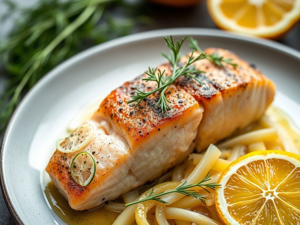 Slow Rosted Zalm met citrusfruit en Venkel, AI-gegenereerde illustratie