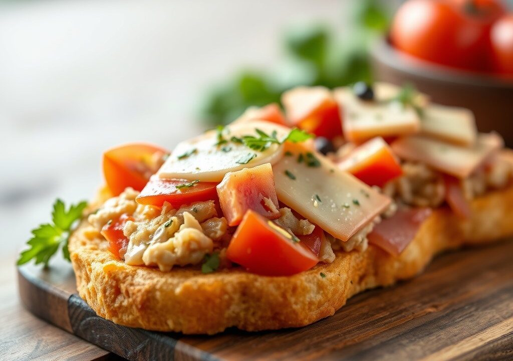 Smakelijke tosti’s met tonijn, tomaat en tartaarsaus — AI-gegenereerde illustratie