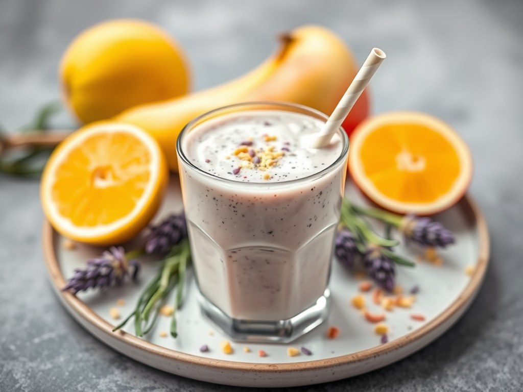 Smoothie met meloen en lavendel, AI-gegenereerde illustratie